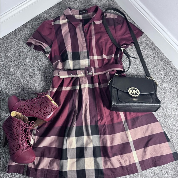 Liza Luxe Midi Dress Plaid- with belt NWOT - Picture 3 of 6